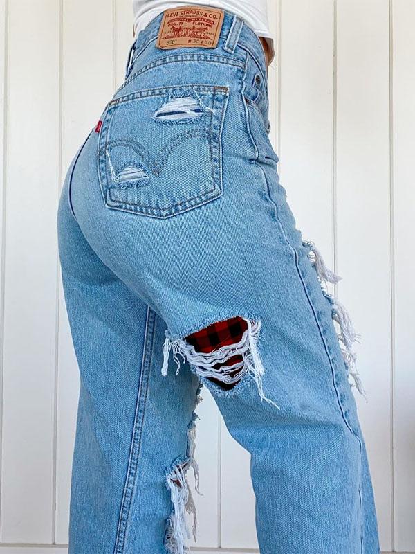Women's Red Plaid Ripped Jeans