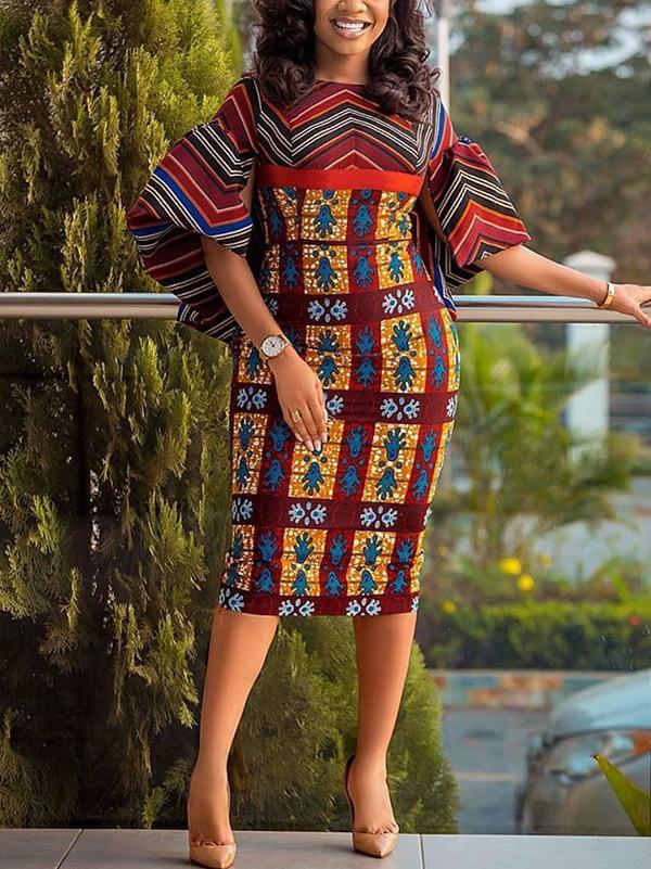Women's Stretch Wrap Hip Ethnic Print Dress