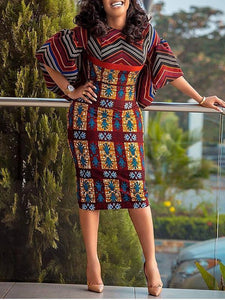 Women's Stretch Wrap Hip Ethnic Print Dress