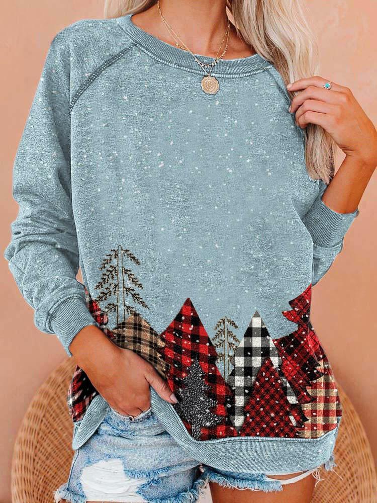Women's Christmas Snowy Woods Print Long Sleeve Sweatshirt