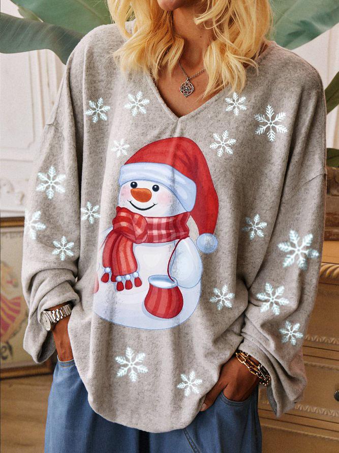 Ladies Christmas Snowman Printed V-Neck Sweatshirt