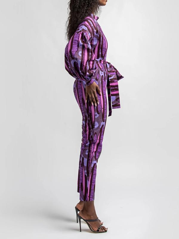 Women's Casual Long Sleeve Lace Pocket Printed Jumpsuit