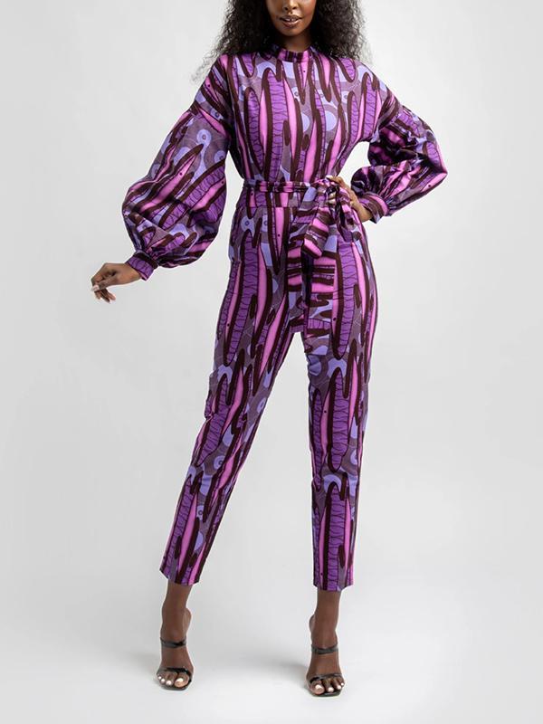 Women's Casual Long Sleeve Lace Pocket Printed Jumpsuit