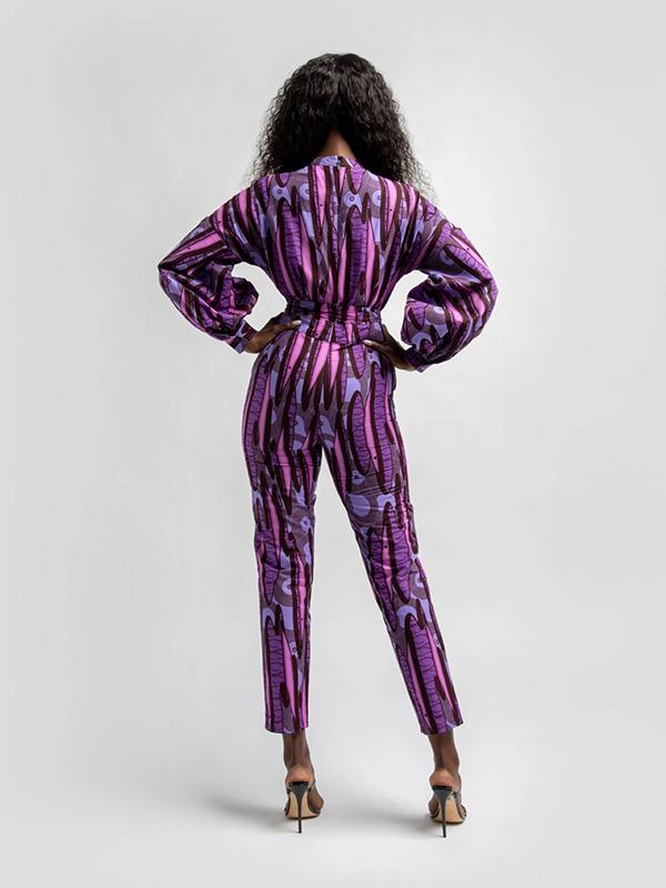 Women's Casual Long Sleeve Lace Pocket Printed Jumpsuit