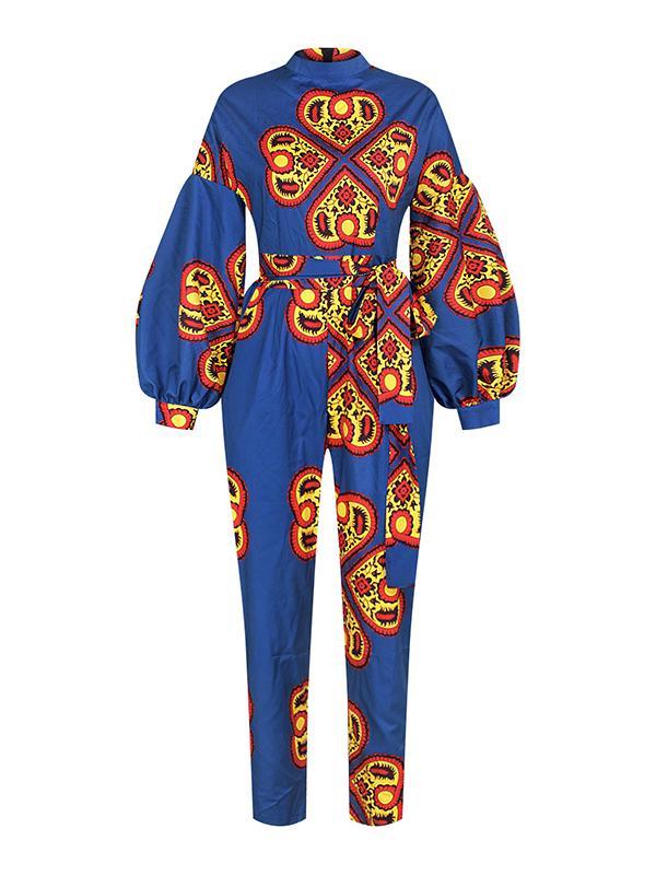 Women's Casual Long Sleeve Lace Pocket Printed Jumpsuit