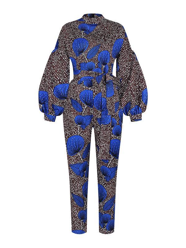 Women's Casual Long Sleeve Lace Pocket Printed Jumpsuit