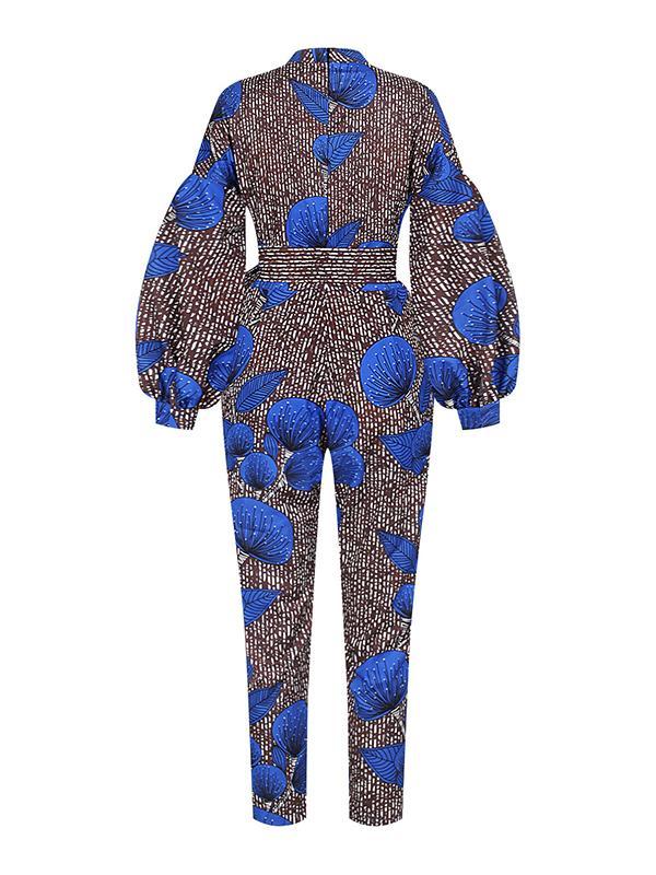 Women's Casual Long Sleeve Lace Pocket Printed Jumpsuit