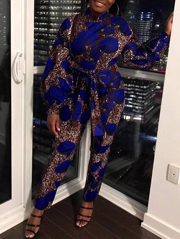 Women's Casual Long Sleeve Lace Pocket Printed Jumpsuit