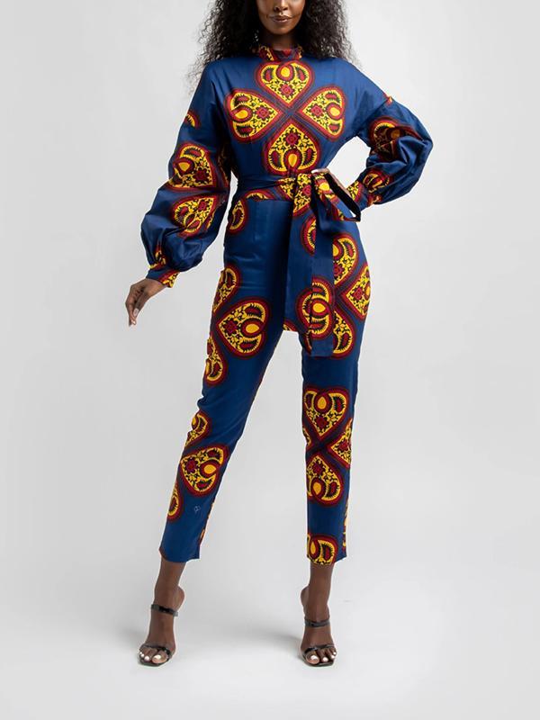 Women's Casual Long Sleeve Lace Pocket Printed Jumpsuit