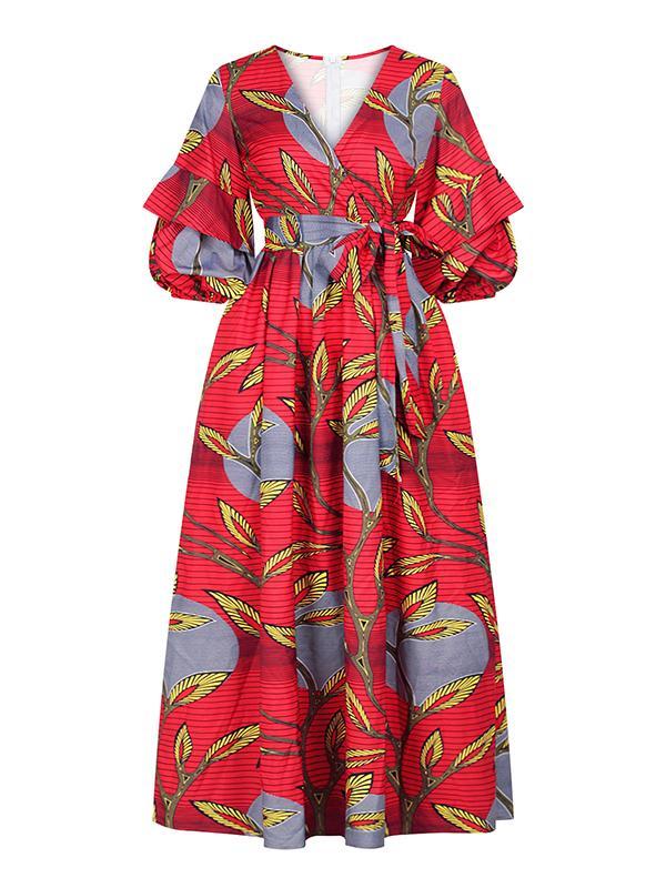 Women's Sexy V-neck Three-quarter Sleeve Printed Big Sleeve Dress