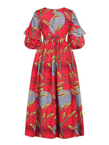 Women's Sexy V-neck Three-quarter Sleeve Printed Big Sleeve Dress