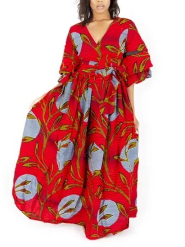 Women's Sexy V-neck Three-quarter Sleeve Printed Big Sleeve Dress