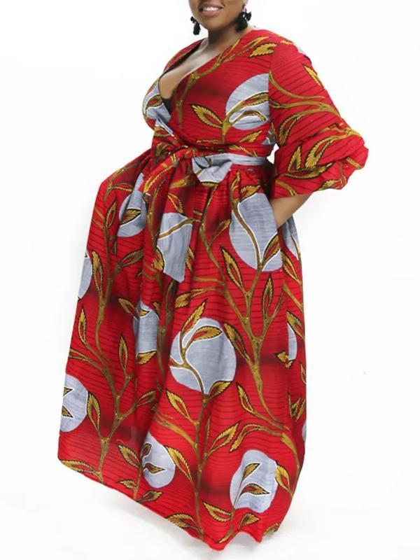 Women's Sexy V-neck Three-quarter Sleeve Printed Big Sleeve Dress