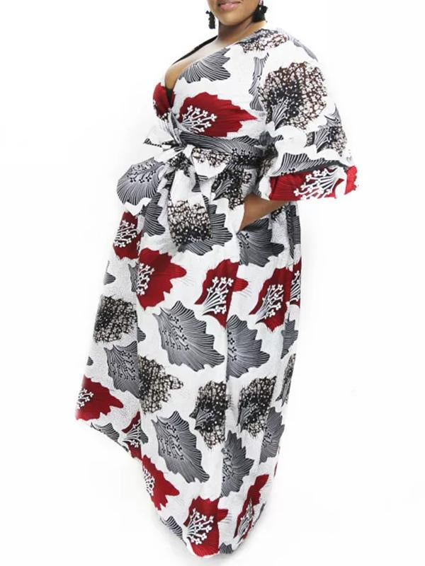 Women's Sexy V-neck Three-quarter Sleeve Printed Big Sleeve Dress