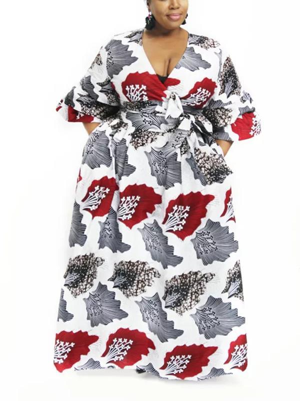 Women's Sexy V-neck Three-quarter Sleeve Printed Big Sleeve Dress