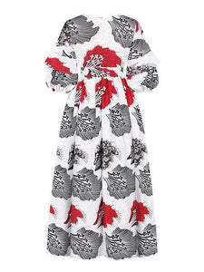 Women's Sexy V-neck Three-quarter Sleeve Printed Big Sleeve Dress