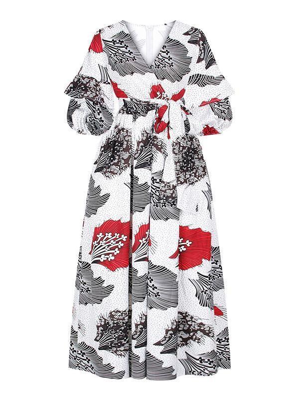 Women's Sexy V-neck Three-quarter Sleeve Printed Big Sleeve Dress