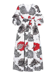 Women's Sexy V-neck Three-quarter Sleeve Printed Big Sleeve Dress