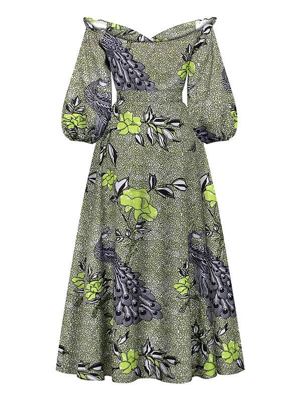Women's Sexy One-neck Lantern Sleeve Peacock Print Dress