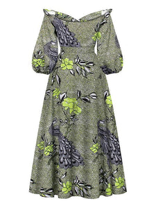 Women's Sexy One-neck Lantern Sleeve Peacock Print Dress