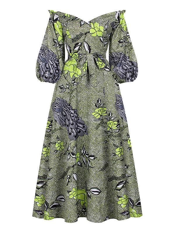 Women's Sexy One-neck Lantern Sleeve Peacock Print Dress