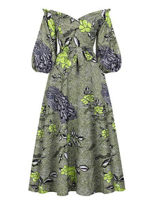 Women's Sexy One-neck Lantern Sleeve Peacock Print Dress