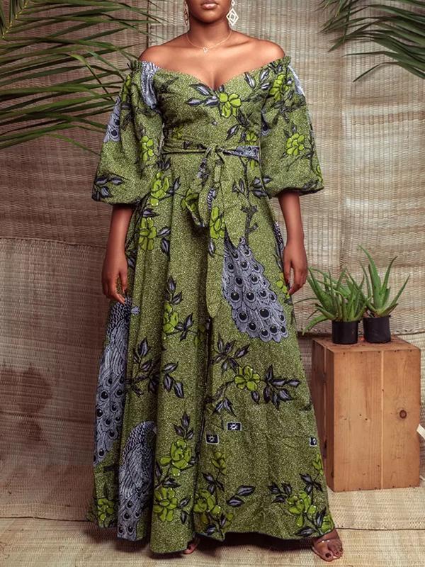 Women's Sexy One-neck Lantern Sleeve Peacock Print Dress