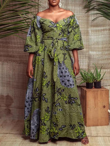 Women's Sexy One-neck Lantern Sleeve Peacock Print Dress