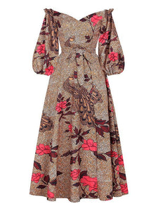 Women's Sexy One-neck Lantern Sleeve Peacock Print Dress