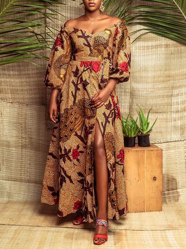 Women's Sexy One-neck Lantern Sleeve Peacock Print Dress