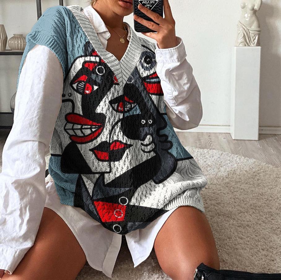Ladies casual European and American casual knitted printed sweater