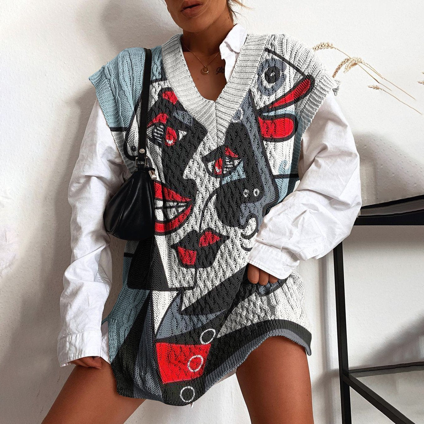 Ladies casual European and American casual knitted printed sweater