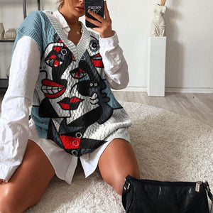 Ladies casual European and American casual knitted printed sweater