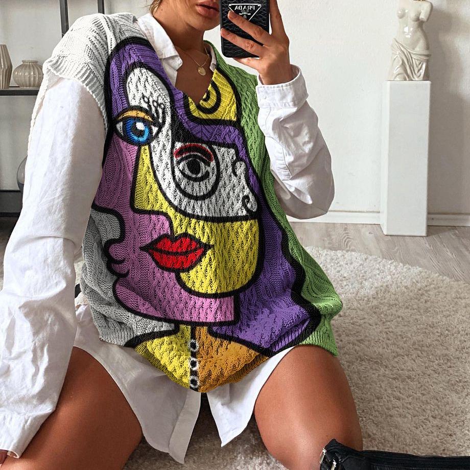 Ladies casual European and American casual knitted printed sweater