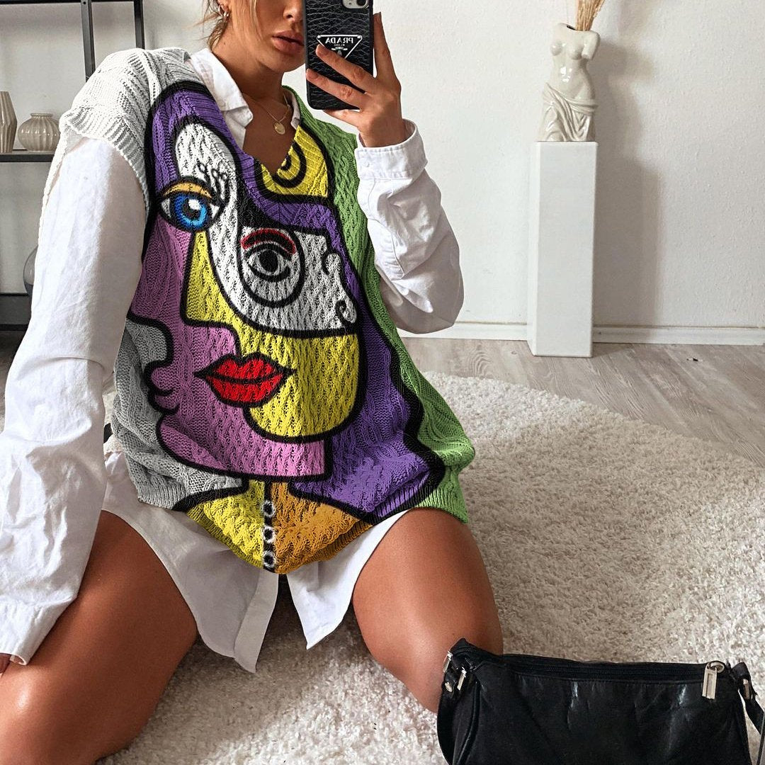 Ladies casual European and American casual knitted printed sweater