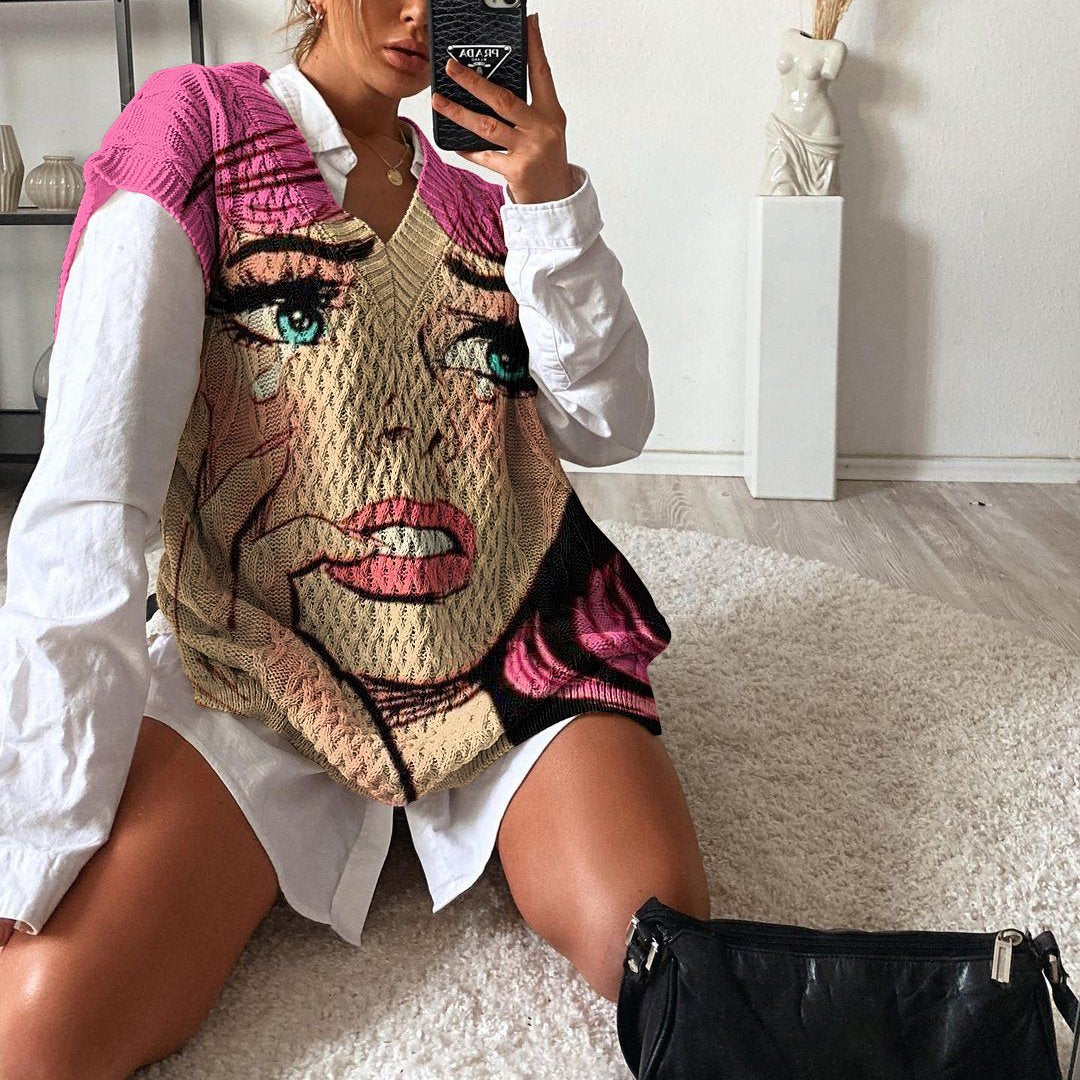 Sweater character Thicken printing Slightly stretchy Knitted Full Retro Casual
