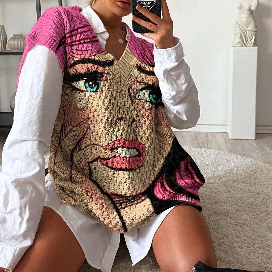 Sweater character Thicken printing Slightly stretchy Knitted Full Retro Casual