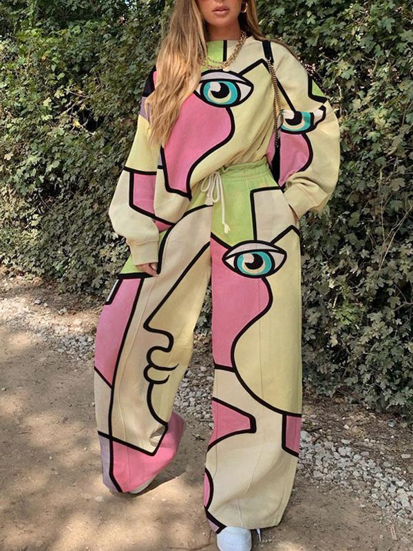 Casual loose portrait print long sleeve suit