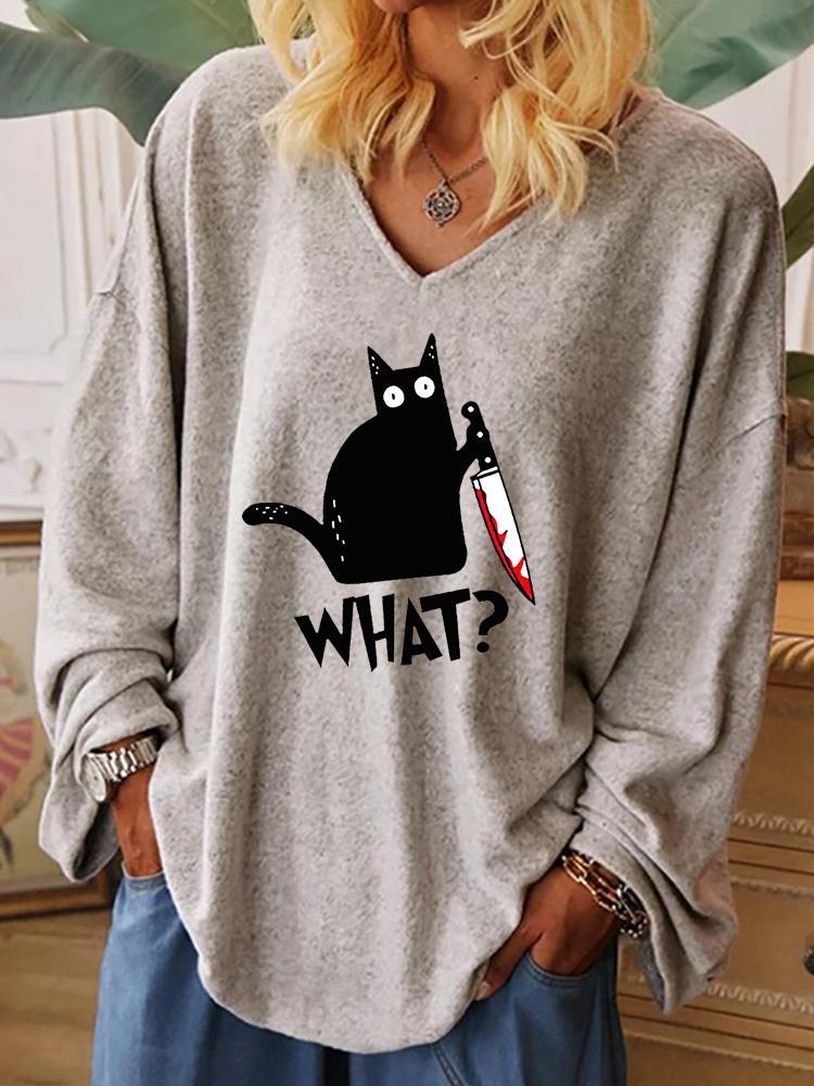 Women's Halloween Funny Murderous Cat Print Casual Shirt