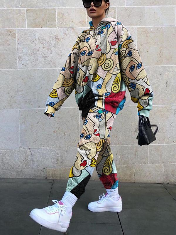 Casual loose portrait print long sleeve suit