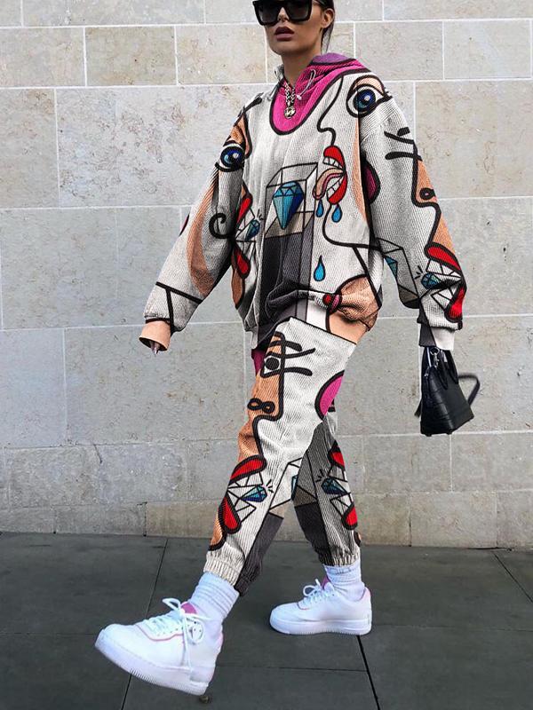 Casual loose portrait print long sleeve suit