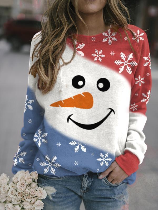 Women's Snowman Face Printed Long Sleeve Sweatshirt