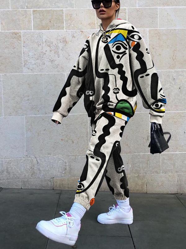 Casual loose portrait print long sleeve suit