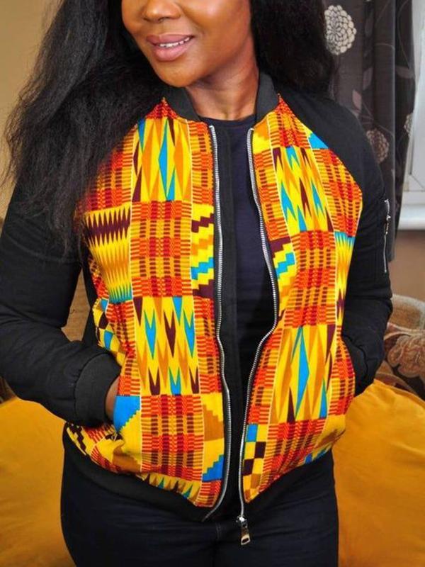 Women's African Print Casual Jacket with Zipper and Pocket