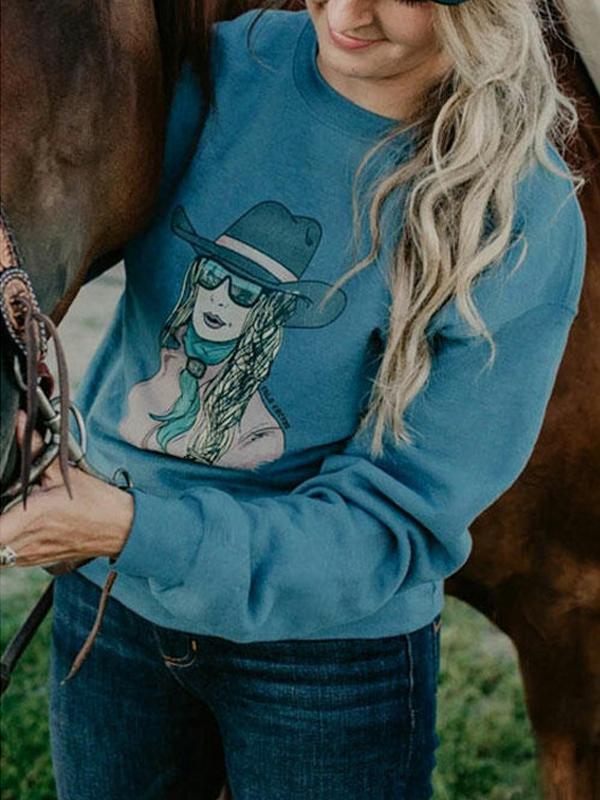 Western Denim Print Long Sleeve Pullover