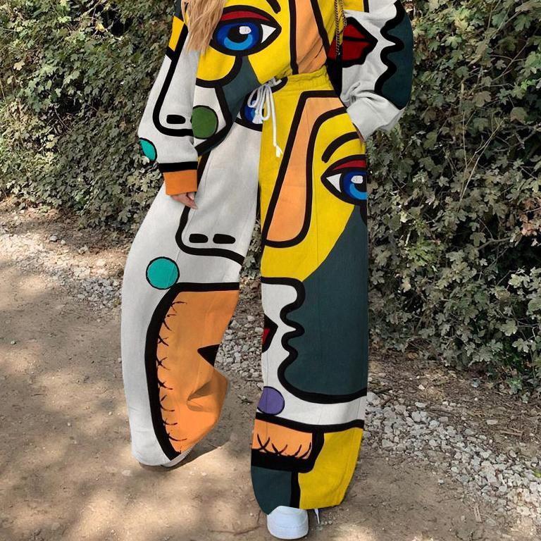 Ladies casual European and American retro portrait printed sweater suit