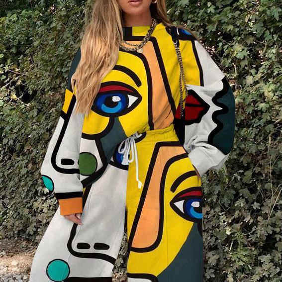 Ladies casual European and American retro portrait printed sweater suit