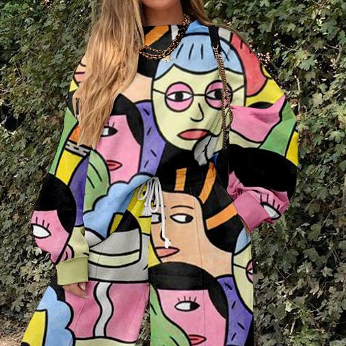 Ladies casual European and American portrait printed sweater suit