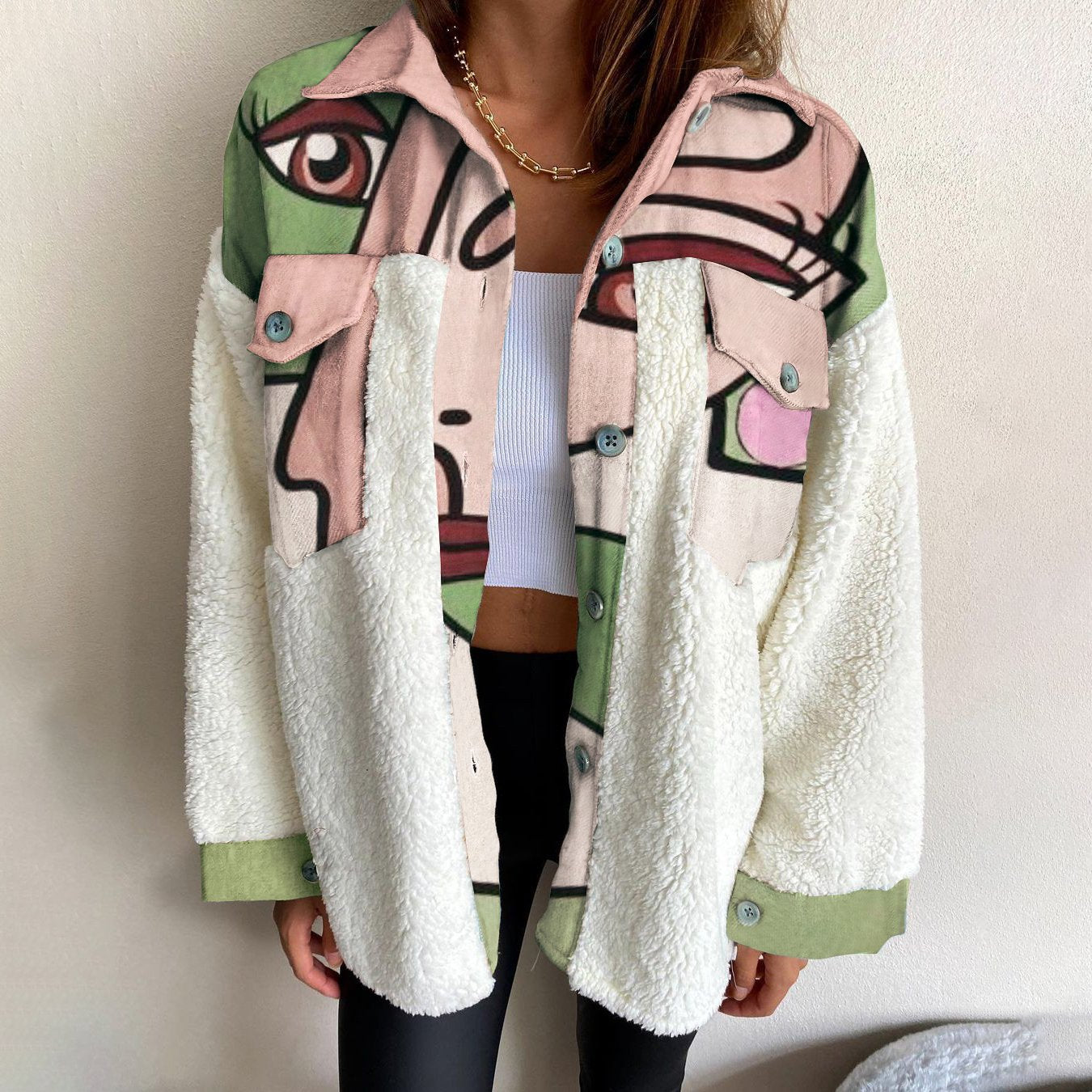 Fashion casual pocket printing stitching lambswool jacket