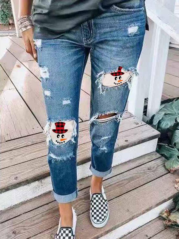 Women's Snowman Face Printed Christmas Jeans